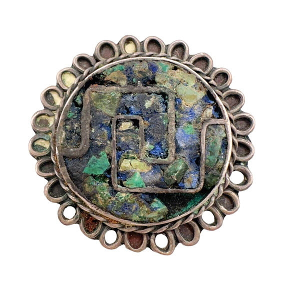 Vintage Taxco EVM Sterling Silver Brooch Pendant Crushed Turquoise Inlay c 1940s - Picture 1 of 13